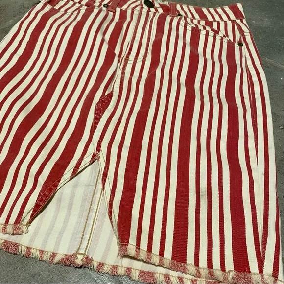 Free People Red Stripe Mini Denim Pencil Skirt Raw Hem Front Slit Western SZ 27 - Picture 3 of 6